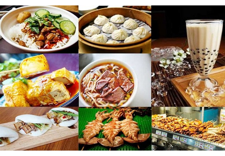 Ảnh ghép các món Đài Loan: cơm thịt kho, tiểu long bao, trà sữa trân châu, đậu phụ chiên, mì bò, bánh bao kẹp thịt và đồ nướng